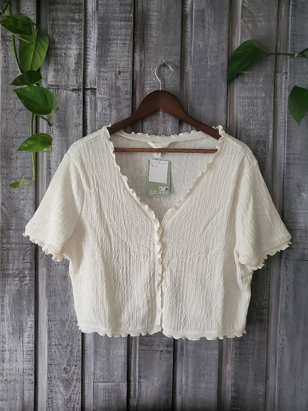 Cream Cropped Cardigan Size XL Pointelle Knit Stretch Short Sleeve NWT